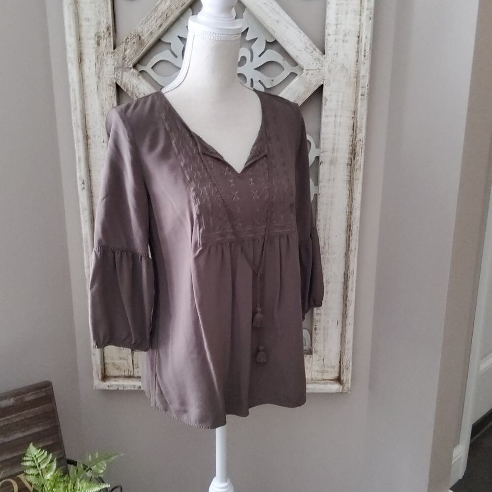 St John's Bay Women's 3/4 Puff Sleeve, Embroidered Tassel Tie Top in Brown Rayon